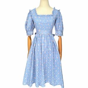 RARE Laura Ashley Blue Floral Cotton Puff Sleeve Cottagecore Prairie Midi Dress